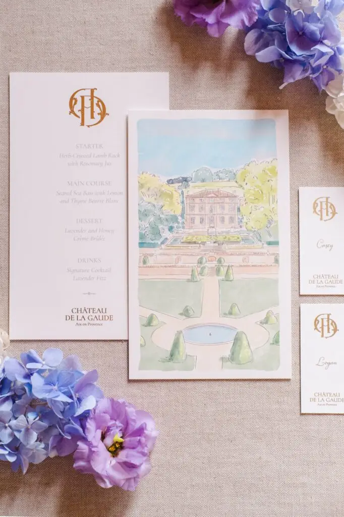 Wedding invitation flat lay with Château de la Gaude watercolor illustration and floral details.