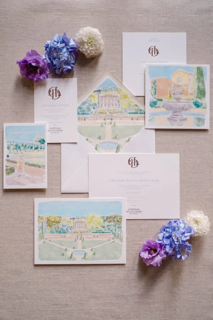 Complete wedding stationery suite with watercolor illustrations of Château de la Gaude and floral accents